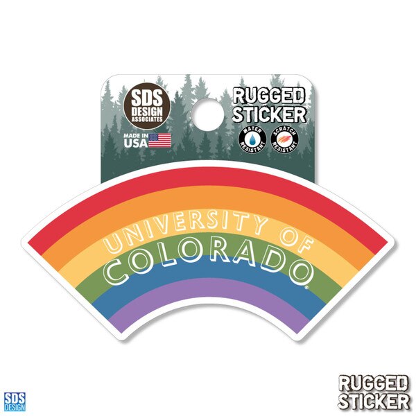 Rugged sticker featuring a rainbow with the text "UNIVERSITY OF COLORADO" in white letters arched across the colorful bands.